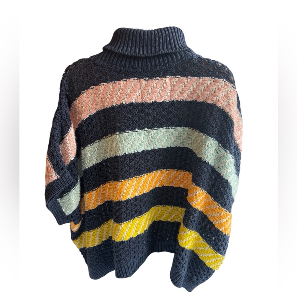 Anthropologie Navy Striped Turtleneck Sweater OS Poncho Crochet Boho Grannycore - Picture 2 of 9